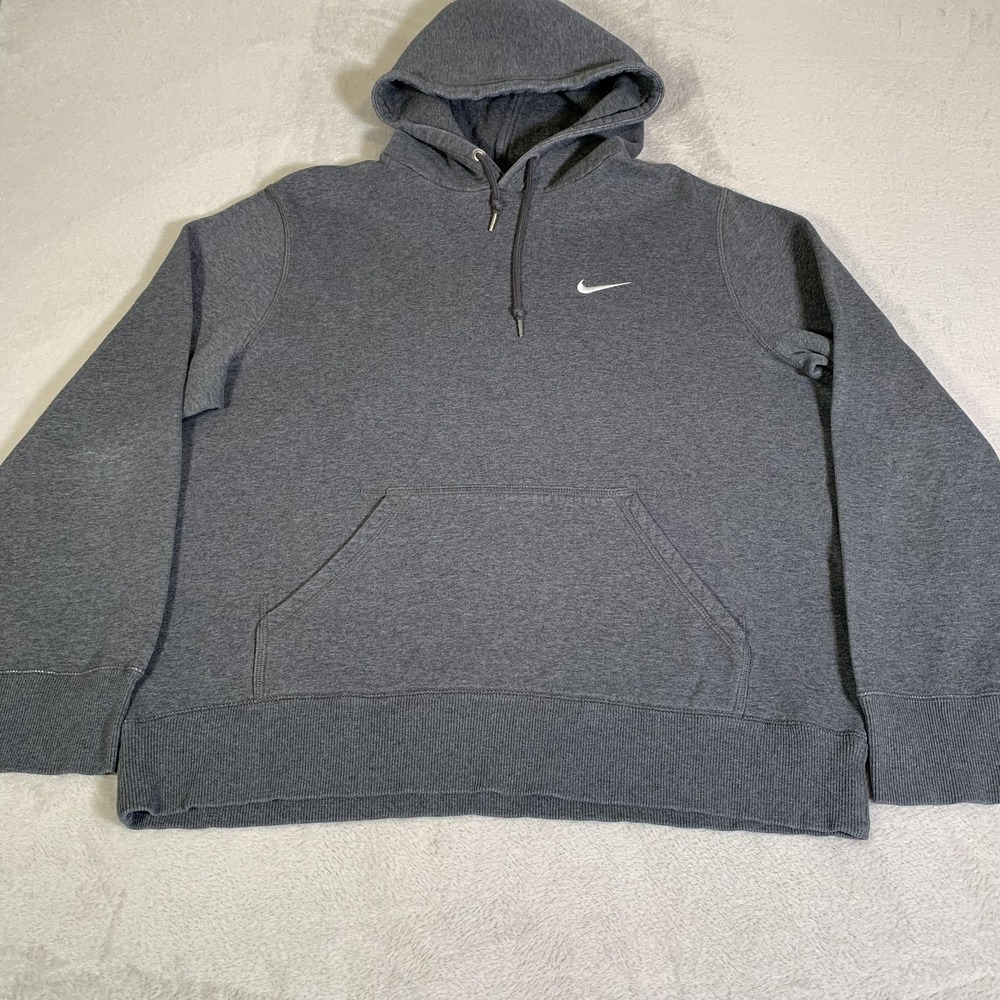 Y2K Nike Hoodie Mens L Gray Pullover Fleece Sweatshirt Small Essential Swoosh
